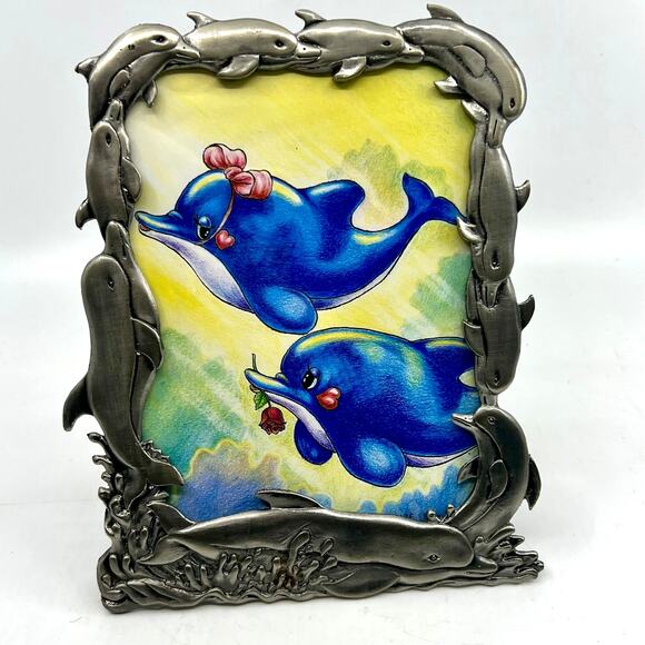 Vtg. Raj 2000 Picture Frame Metal Pewter Ocean Life~ Dolphins~Whales 8” - Picture 7 of 9